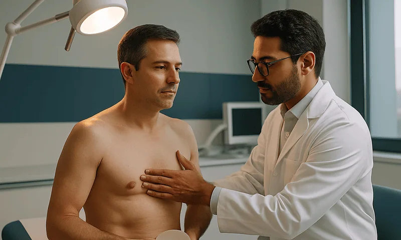 Doctor examining male patient in a hospital consultation room.