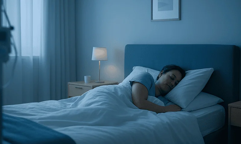 Woman sleeping peacefully in a modern bedroom after breast augmentation surgery.