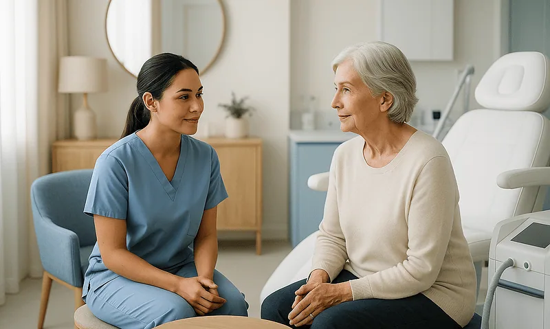 Nurse consulting with elderly patient in a modern clinic setting.