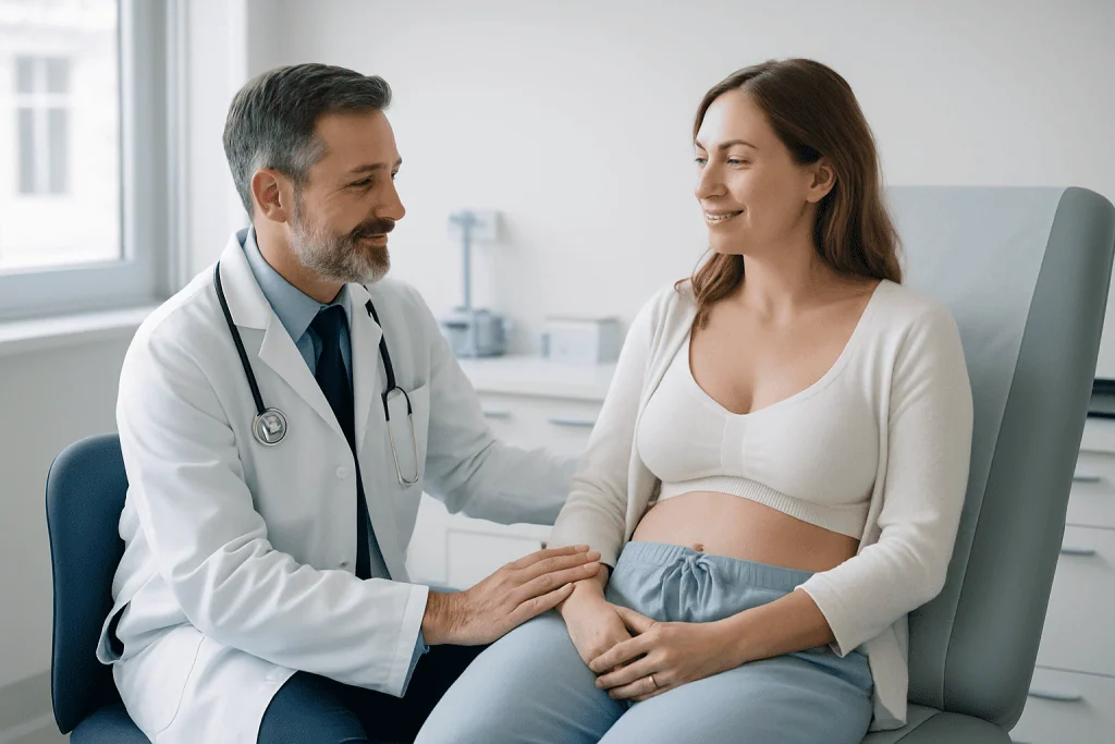 Breast Augmentation Recovery: Week by Week 1 Doctor consulting pregnant woman in a medical office.
