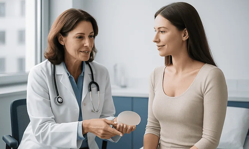 Doctor explaining breast implant options to a patient in a clinic setting.