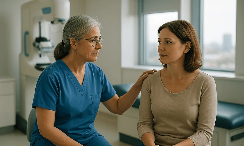 Doctor consulting with a patient about breast health in a medical clinic.