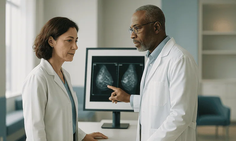 Doctors discussing breast ultrasound results in a medical office.