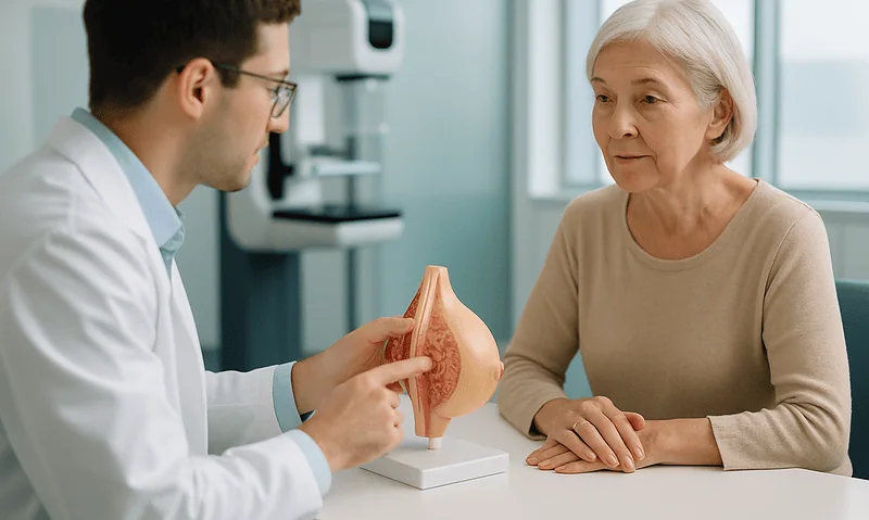 Doctor explaining breast anatomy to a patient with a model in a medical office.