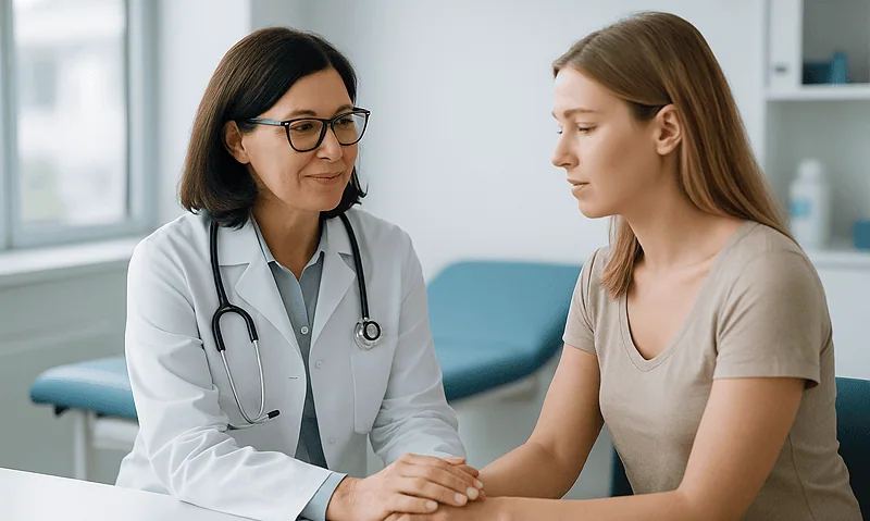 Doctor consulting with a young woman in a medical office setting.