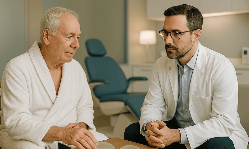 Doctor consulting with elderly patient in a medical office.