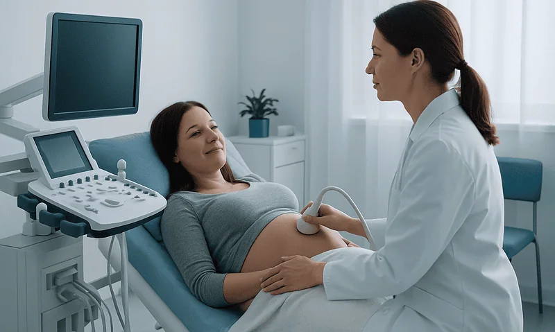 Pregnant woman undergoing ultrasound examination in a medical clinic.