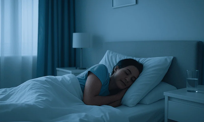 Young girl sleeping peacefully in a cozy bedroom with blue tones.