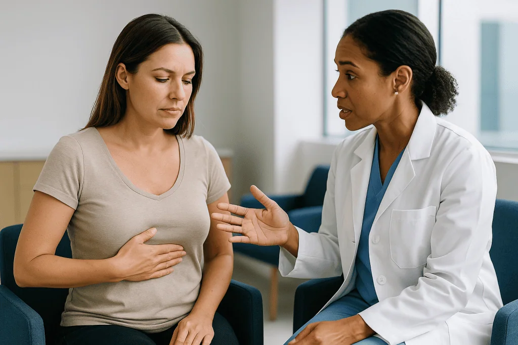 Doctor consulting with pregnant woman about breast surgery options: Breast lift vs augmentation: is the problem volume or po