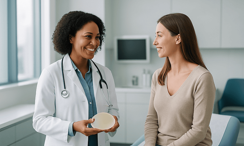 Doctor explaining breast implant options to a patient in a clinic.