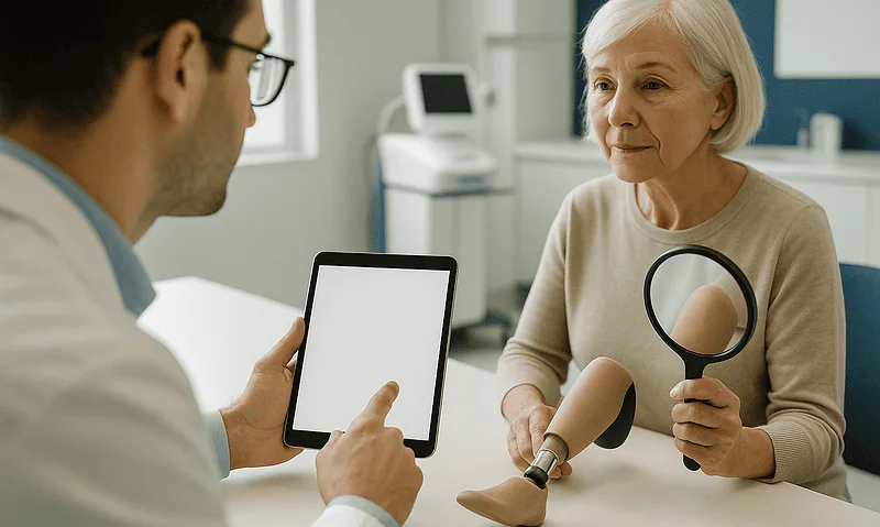 Senior woman consulting with doctor about breast prosthesis removal.
