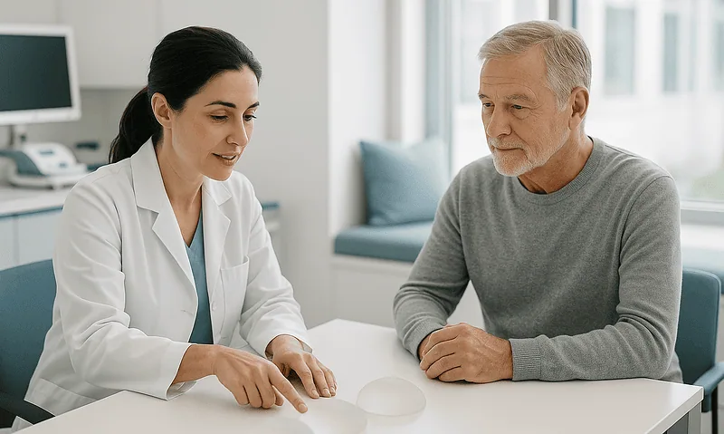 Doctor explaining breast reconstruction options to a patient in a consultation room.