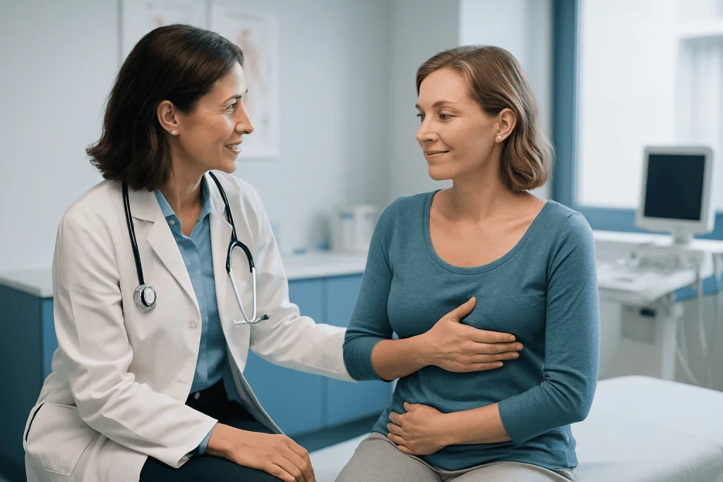 Breast Reconstruction Recovery: Week by Week 1 Doctor consulting with a patient in a medical office setting.