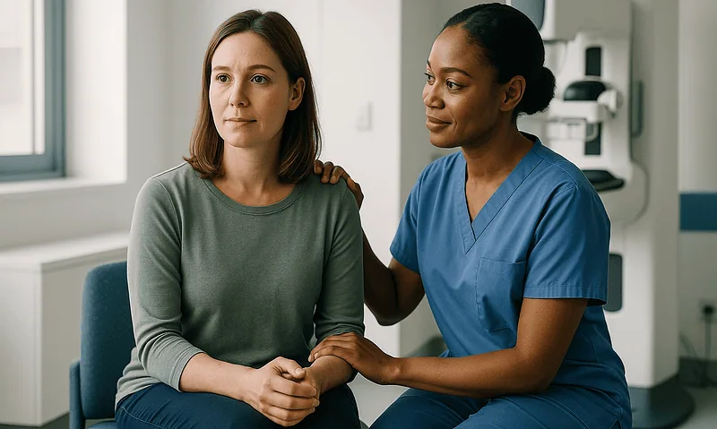 Patient consulting with healthcare professional in a medical office.