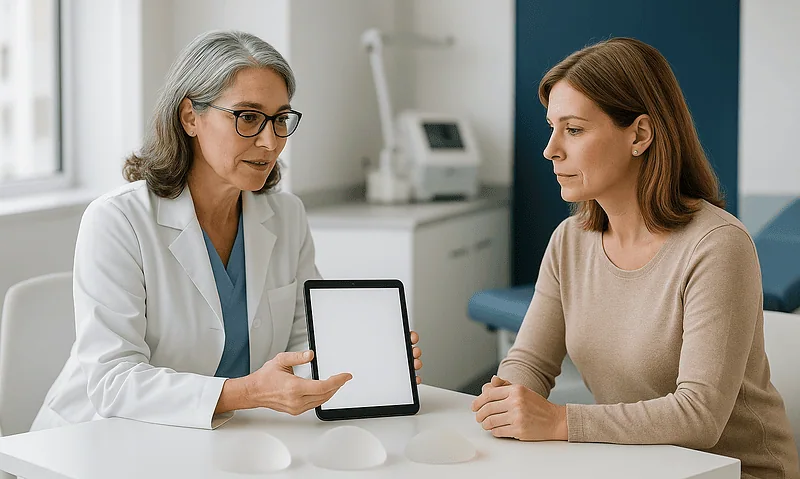 Doctor consulting with patient about breast reduction options at Acibadem Hospital.