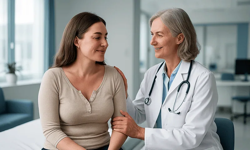 Doctor consulting with a patient in a hospital room.