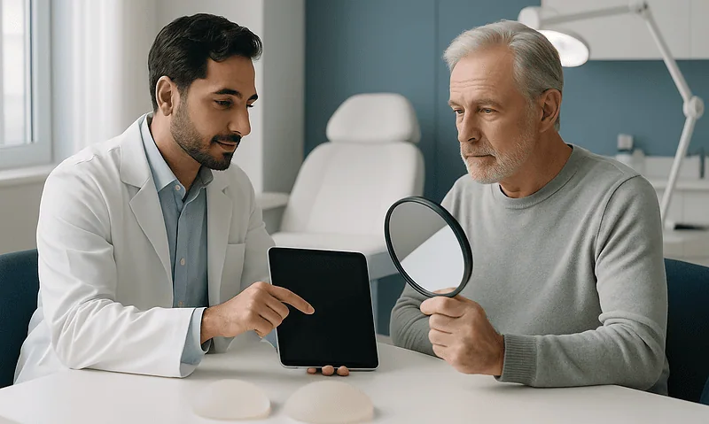 Doctor showing tablet to senior patient in consultation room.