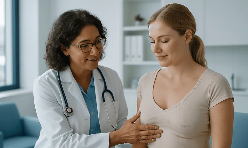 Doctor examining a woman's chest with a scar after breast reduction surgery.
