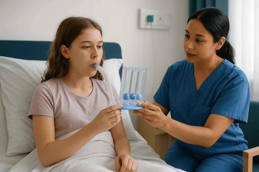 Healthcare provider demonstrating inhaler technique to young patient — Breathing exercises after spinal fusion: why the nurse