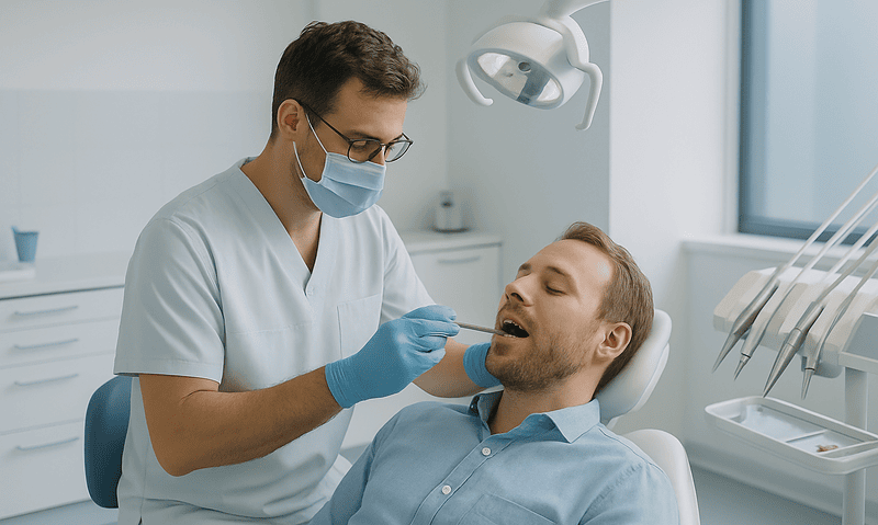 Dentist performing oral exam on patient in dental clinic.