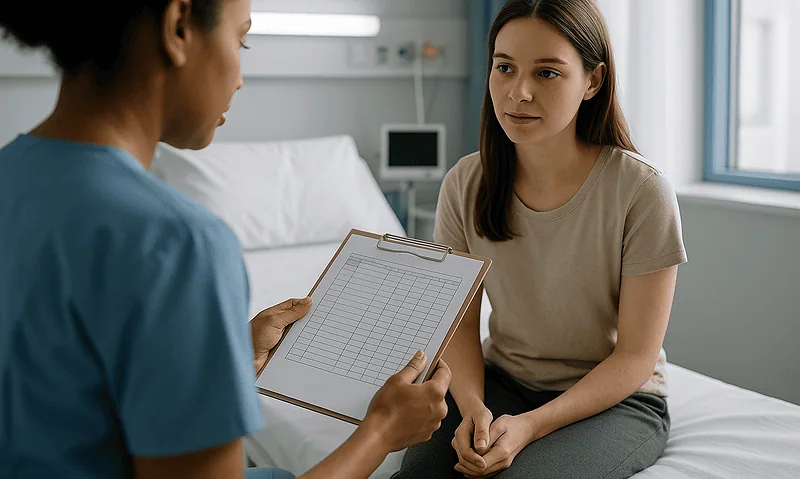 Doctor consulting with a young female patient in a hospital room.