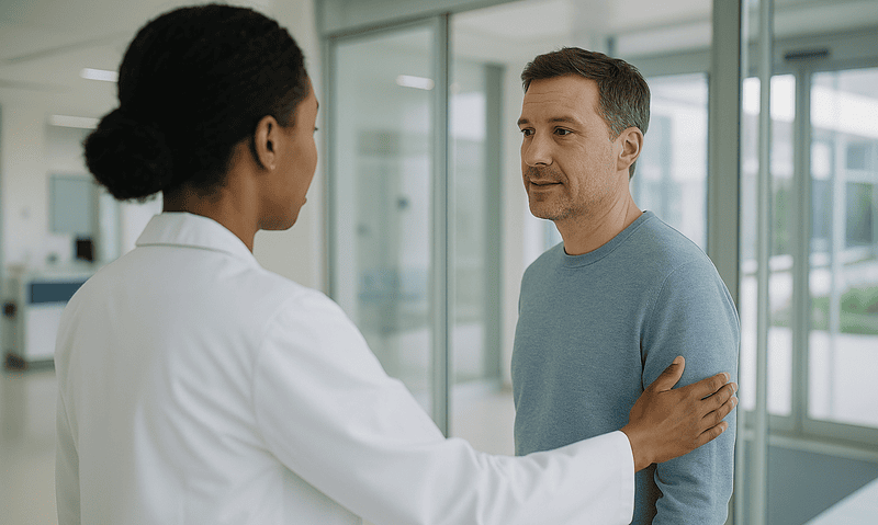 Doctor comforting a male patient in a modern hospital corridor.
