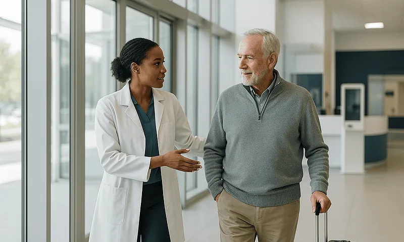 Doctor and senior patient talking at hospital entrance with luggage.