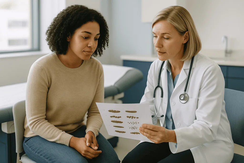 Doctor consulting patient about stool chart results: Bristol stool scale types: the seven shapes explained