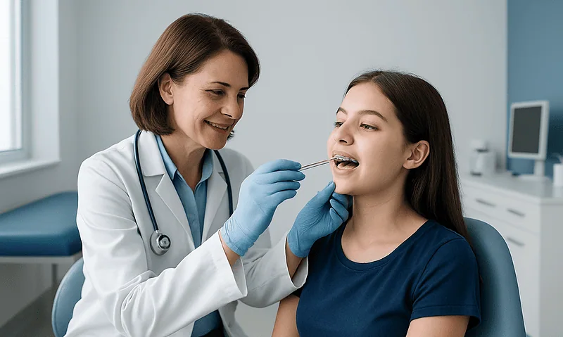 Orthodontist examining young girl's teeth in a dental clinic.