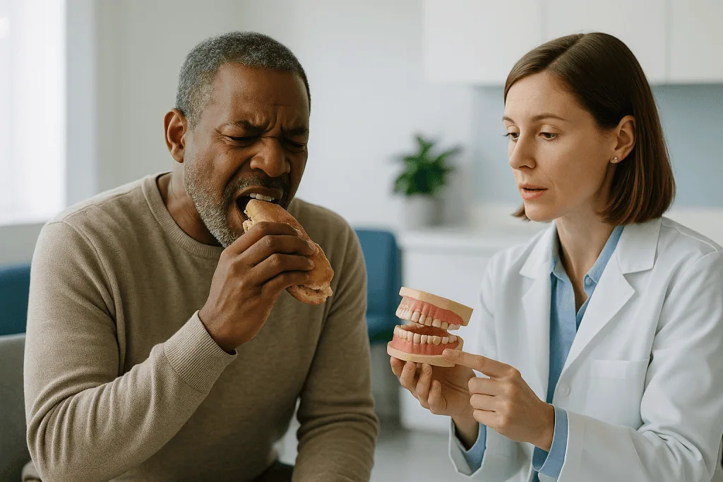 Dentist consulting patient about dental model teeth: Broken, cracked and chipped teeth: which ones need same-day care