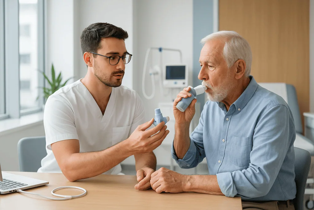 Bronchiectasis 1 Doctor explaining inhaler use to elderly patient in clinic setting.