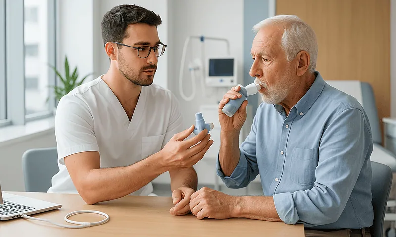 Doctor explaining inhaler use to elderly patient in clinic setting.