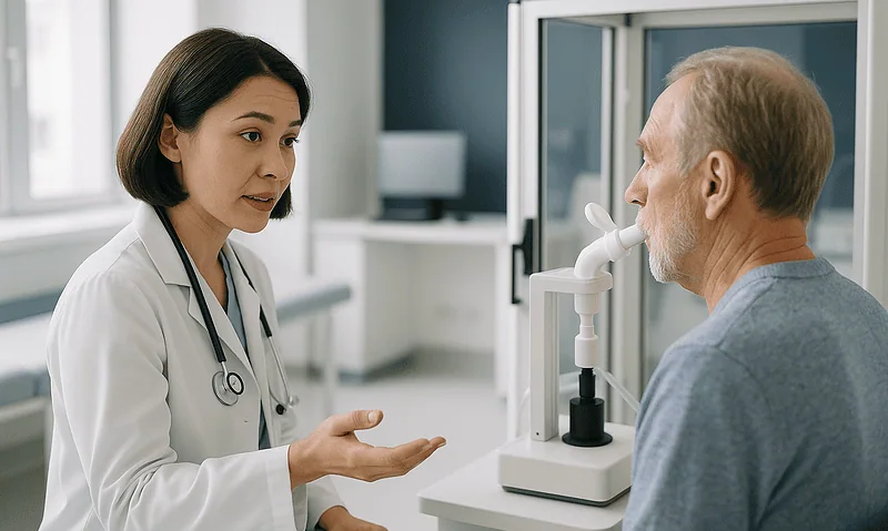 Doctor explaining bronchiectasis treatment to patient in clinic.