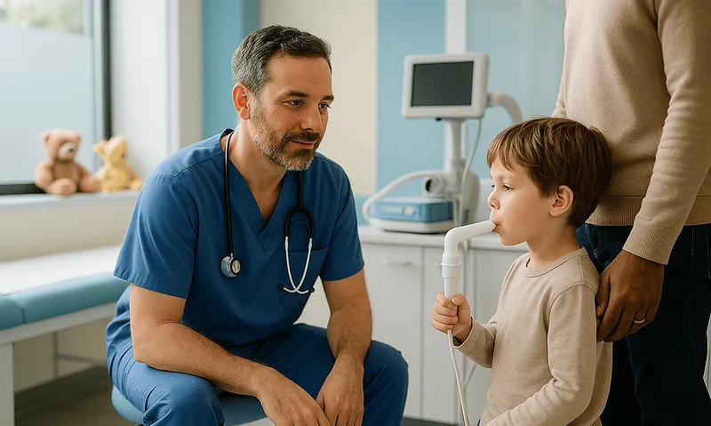 Pediatric doctor examining a young boy with bronchiolitis in a hospital.