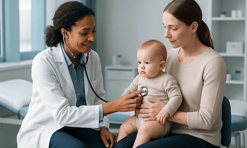 Pediatrician examining a baby with mother in a clinic setting.
