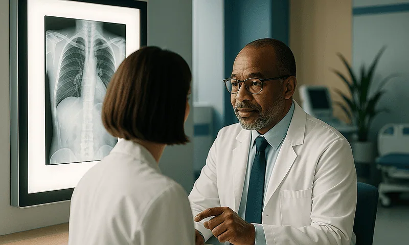 Doctor discussing chest X-ray results with a patient in a hospital setting.
