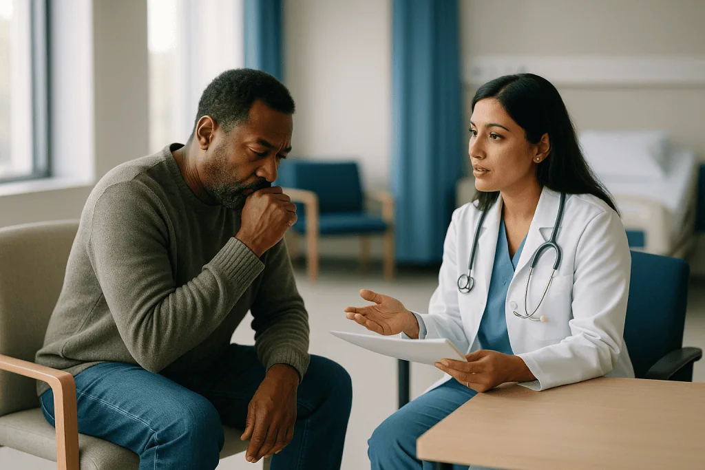 Doctor consulting patient about respiratory symptoms in clinic: Bronchitis or pneumonia symptoms: how to tell the difference