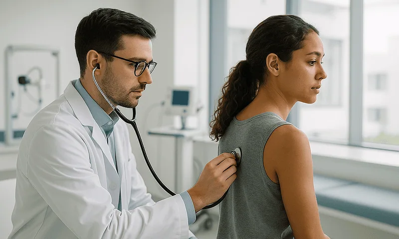 Doctor examining a young woman for respiratory health in a clinical setting.