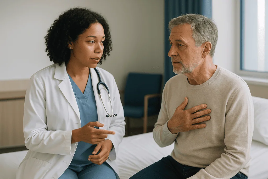 Doctor consulting adult male patient about respiratory symptoms — Bronchitis vs pneumonia symptoms: why the difference is loc