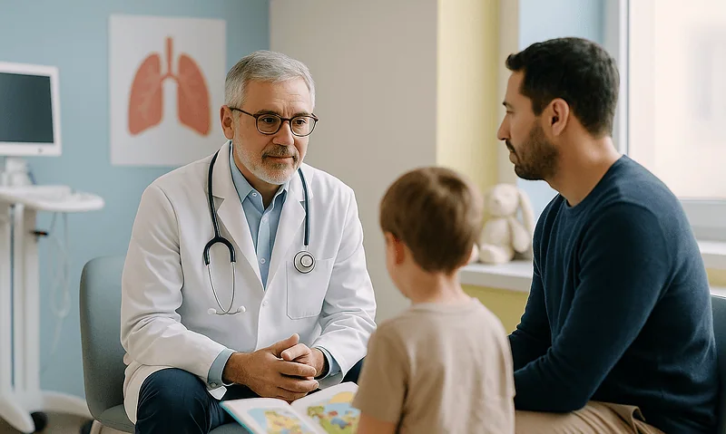 Doctor consulting with a young patient and parent in a hospital room.