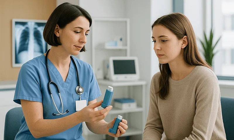 Doctor explaining medication to a patient in a hospital setting.