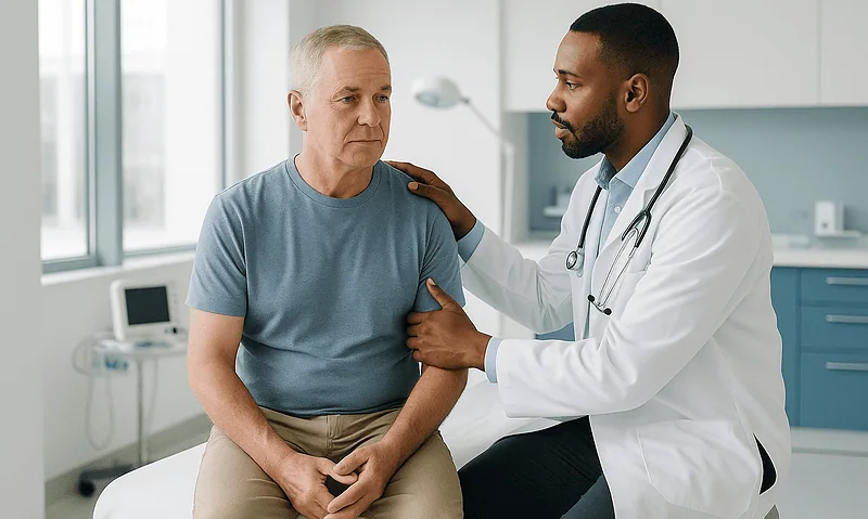 Doctor consulting with an elderly male patient in a hospital room.