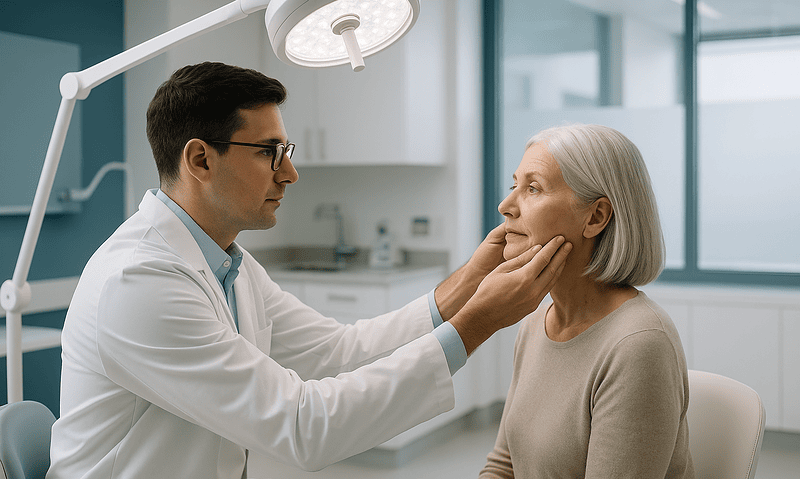 Doctor examining elderly woman's face in a medical clinic setting.