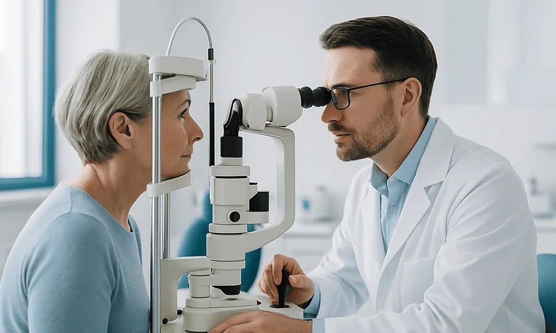 Ophthalmologist examining elderly woman's eyes with slit lamp.