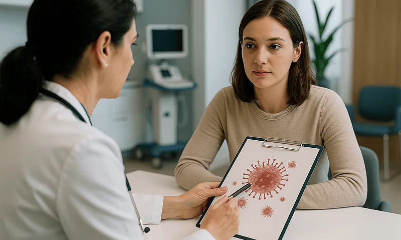 Doctor explaining brucellosis symptoms to patient in a medical consultation.