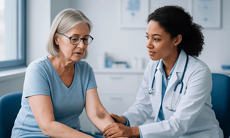 Doctor examining a patient's arm for bruising after a blood test.