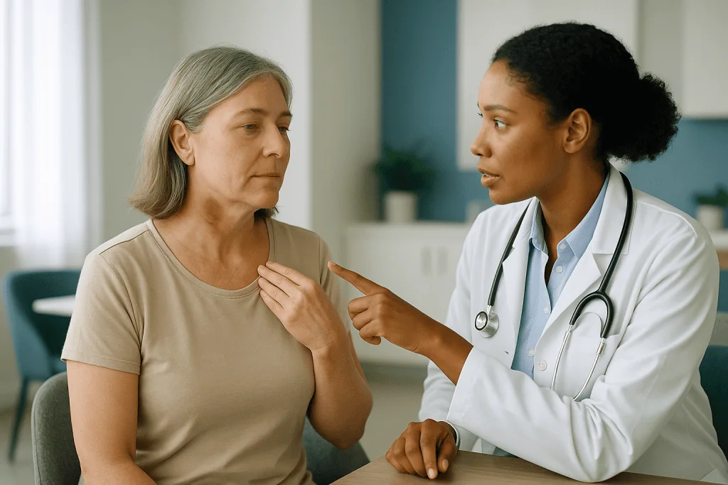 Doctor consulting with older female patient in clinic: Bruising after wisdom teeth removal: why it drifts down the neck