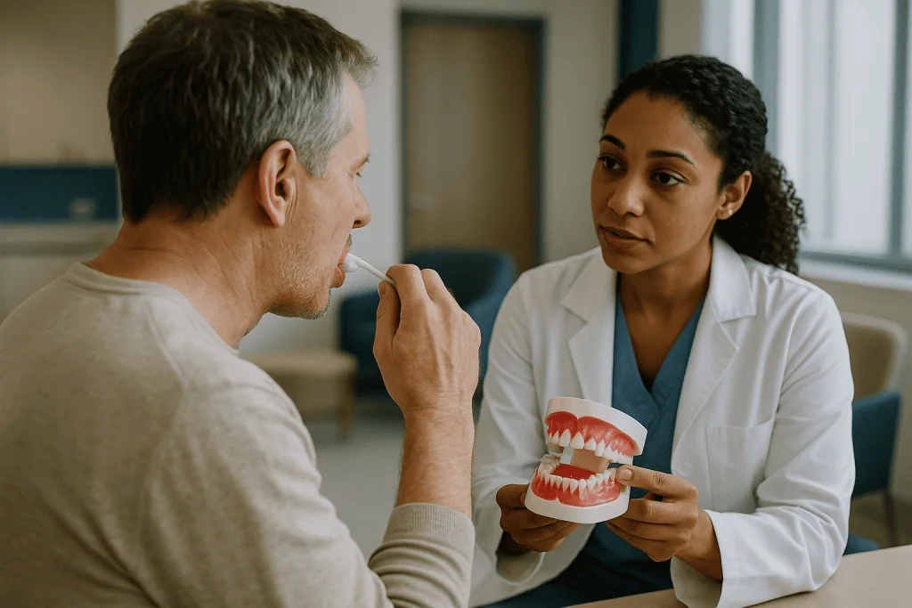 Dentist consulting patient with dental model: Brushing trauma vs gum disease: how to tell them apart at home