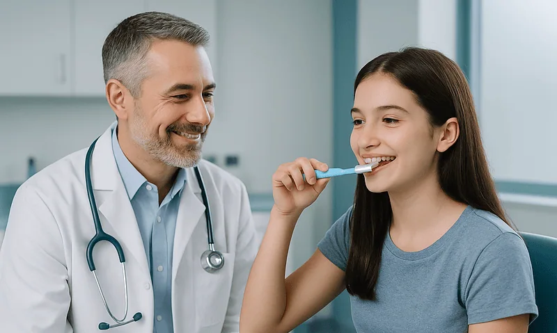 Dentist showing girl proper brushing technique with a toothbrush.