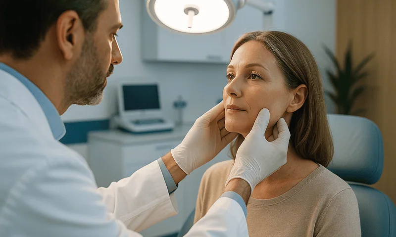 Doctor examining woman's face in a medical consultation room.